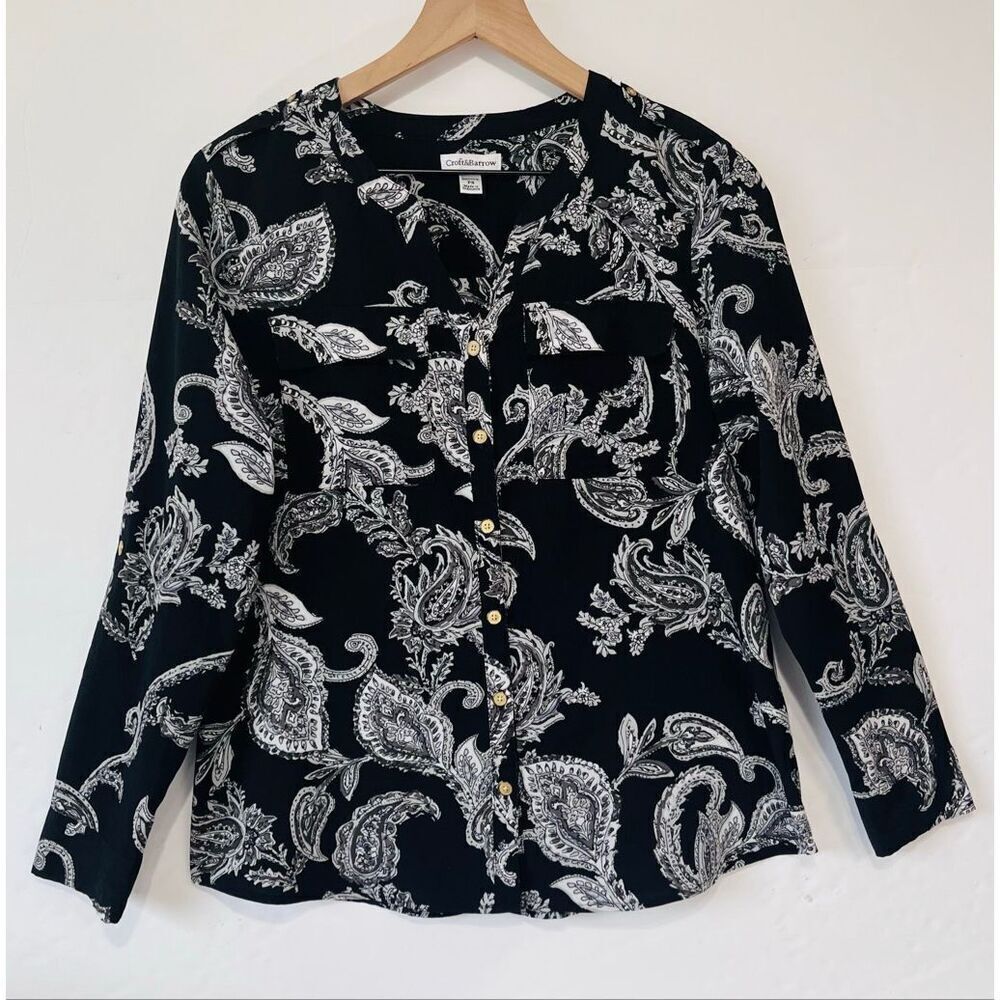Croft & Barrow Black And White Paisley Print Blouse Size Petite Small